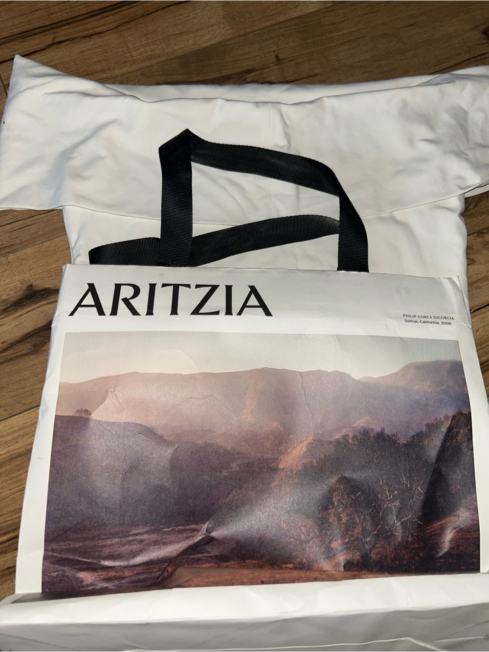 Aritzia White Canvas Tote with Black Handles and Front Print